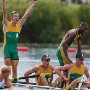 Bronze medalists Denmark's stroke Eskild Ebessen (bottom L) looks to Gold medalists South Africa celebrating Lightweight Men's Four final