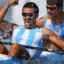 Argentina's Miguel Antonio Correa (L) and Ruben Oscar Voisard Rezola (R) react on the finnish line of the Kayak Double (K2) 200m Men's Canoe Sprint Semi-finals